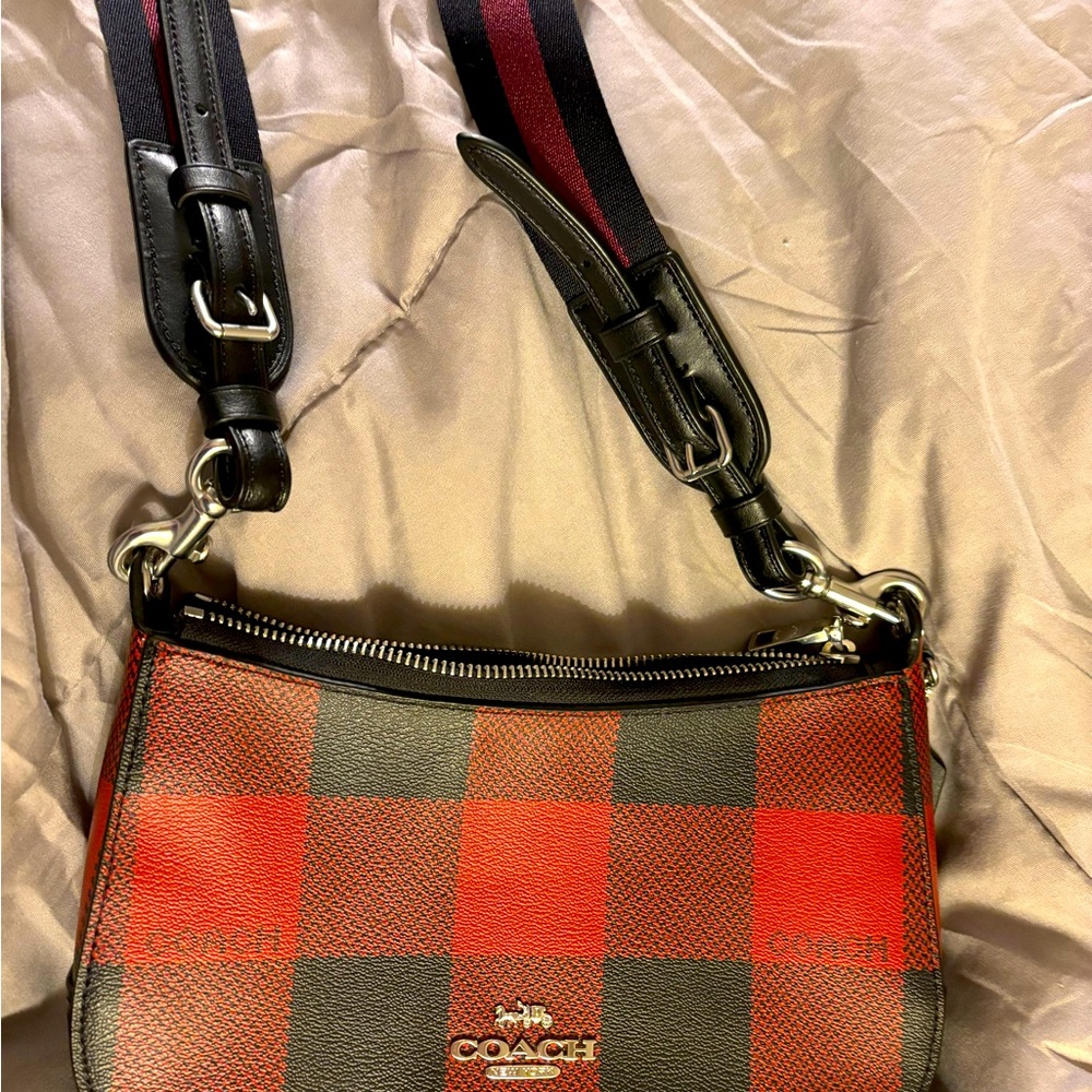 Coach Jes Baguette with Buffalo Plaid Print Red & Black
